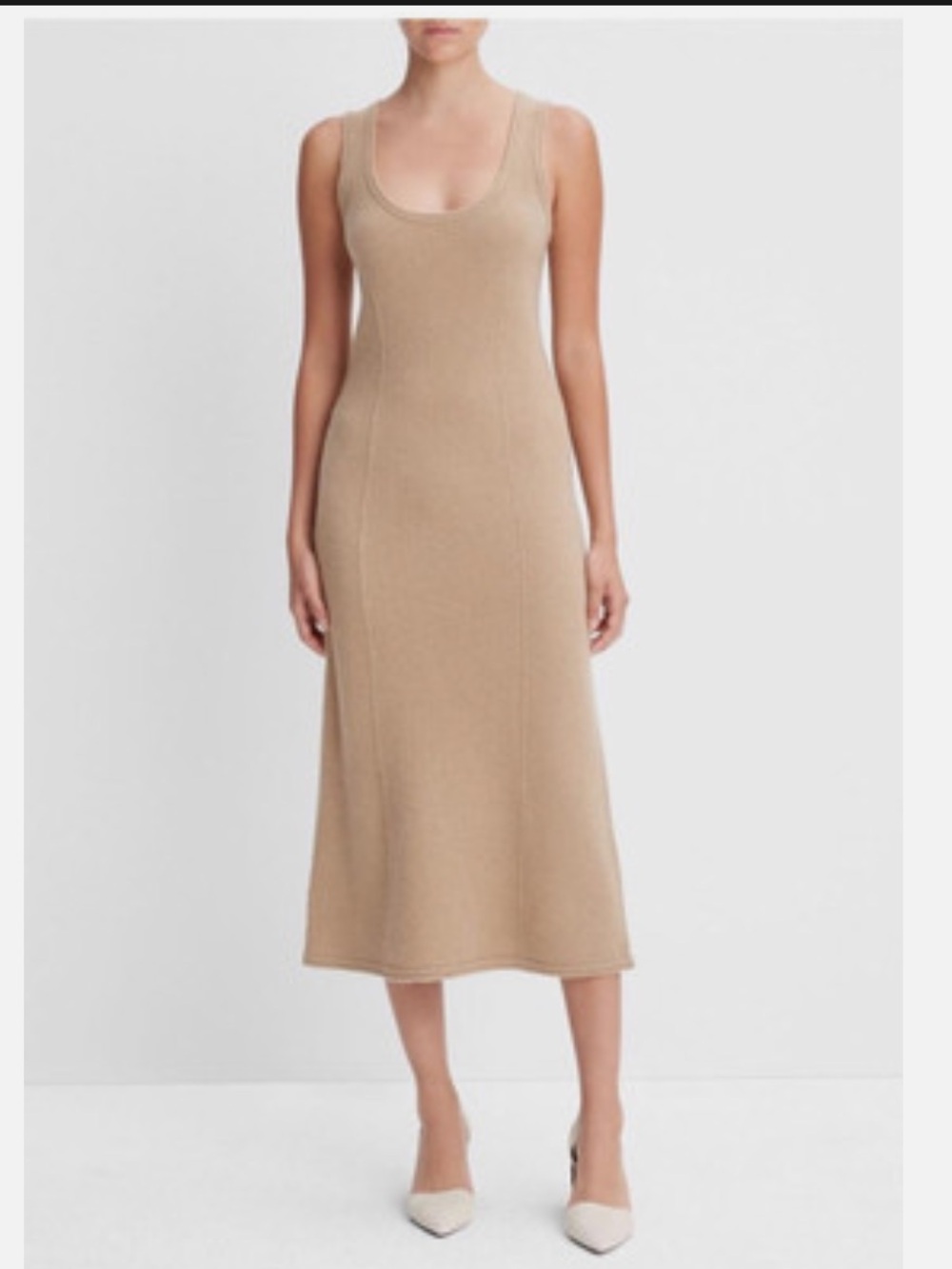 Vince Ribbed Sleeveless Wool/Cashmere Blend Midi Dress in Tan